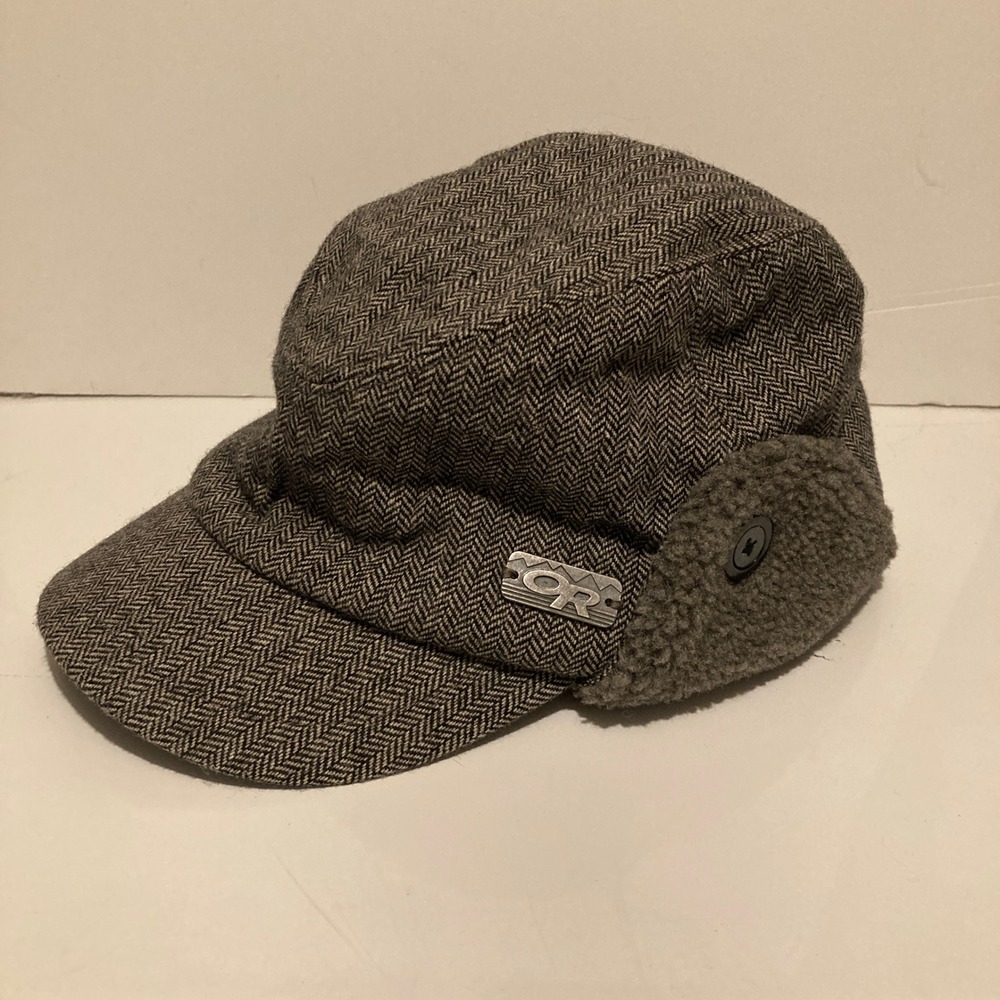 Outdoor Research Yukon Cap Herringbone Wool Blend Fleece Earflap Hat Grey Mens